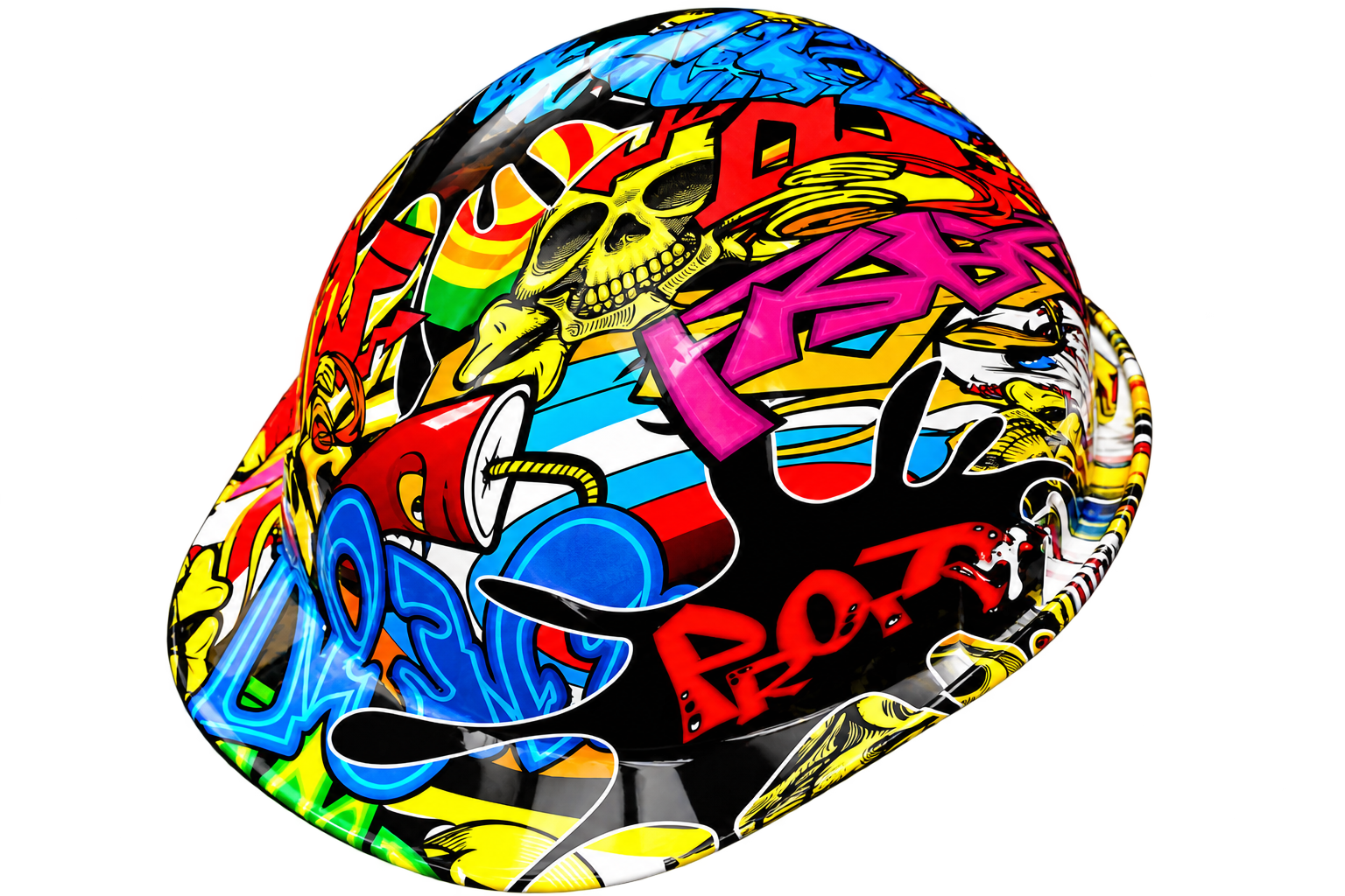 Protective helmet decorated with colourful hydrographic graffiti