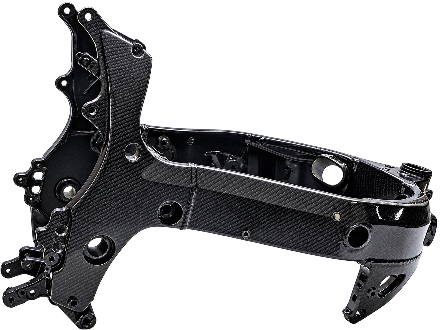 Motorcycle frame decorated with a carbon-fibre hydrographic pattern